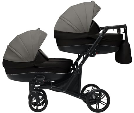 Cochecito doble gemelar 3en1. Carrito las 3 piezas y accesorios: 2 capazos + 2 sillas de paseo + 2 sillas de coche + accesorios. BBtwin - Long Star. Negro + gris.