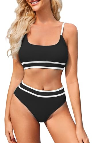 TcIFE Tvådelad baddräkt för kvinnor - sexig hög midja bikiniset med push up, strandkläder för kvinnor, Svart, L