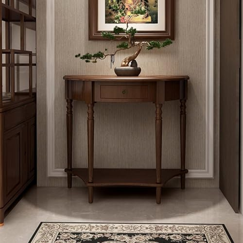 Tavolo consolle a mezzaluna,tavolo consolle in legno massello,tavolo consolle con cassetti portaoggetti,tavolo da divano semicircolare,decorazione per ingresso e corridoio,tavolo consolle stretto(Dark