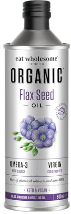 Eat Wholesome Organic Flax Seed Oil, 500ml - Cold Pressed, Unrefined, High Source of Omega 3, 100% Pure & Natural, For Smoothies, Salads, Skincare & Hair, Vegan
