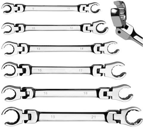 LEONTOOL Juego de 6 llaves de tuerca de cabeza flexible métricas 9, 10, 11, 12, 13, 14, 15, 17, 18, 19, 21 mm | 40 Cr llave de línea de freno de extremo abierto doble para frenos automotrices