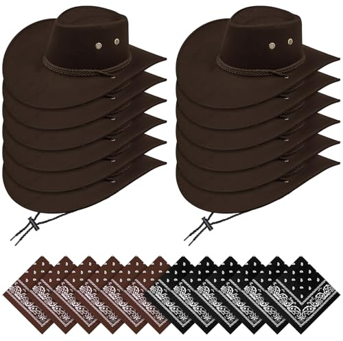 LYCN 24 Stück Cowboyhüte Set – Westernhut mit breiter Krempe aus Wildlederimitat, braune Cowboyhüte mit 12 Bandanas und Verstellbarer Kordel für Männer und Frauen, Kostümparty Zubehör