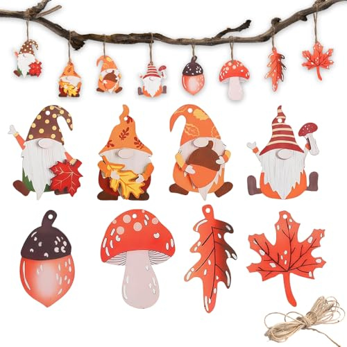 24 Stück Herbstdeko Hänger, Herbst Deko Holz, Anhänger Fensterdeko Herbst, Zwerg Wichtel Pilz Ahornblatt Fensterhänger Autumn Decor Fenster mit Hanfseil, Bunte Herbstdeko Fenster (24pcs)