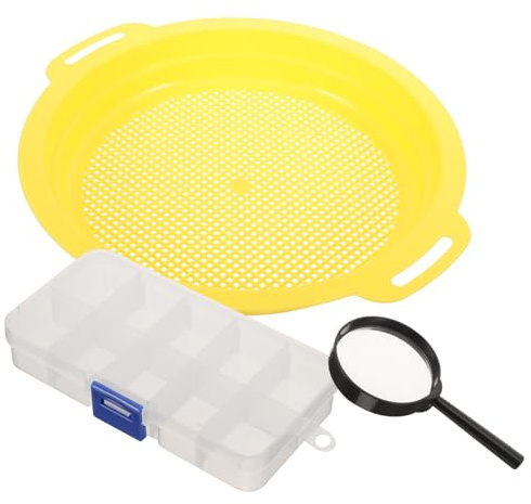 Hemobllo Gold Panning Sieve Pan Set with Handheld Mesh Pan, Magnifier, and Storage Box – Small Gravity Mineral Separation Tool for River Sand Prospecting and Outdoor Gold Filtering