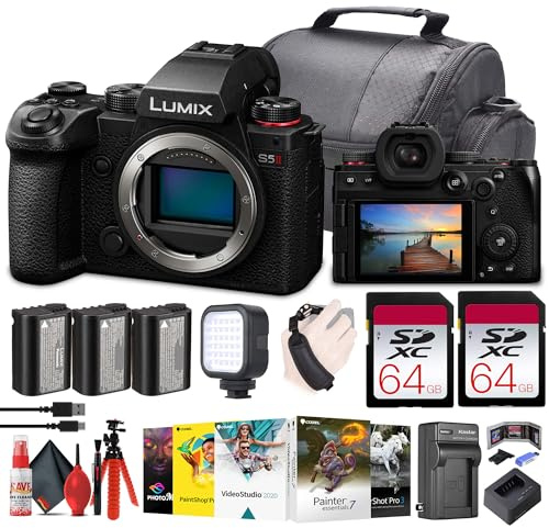 Panasonic Lumix S5 II Hybrid Full-Frame Mirrorless Camera Body, Content Creator Bundle + 2×64GB Memory Cards + Extra Batteries + LED Light + More