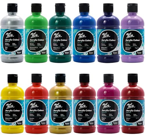 Mont Marte Signature Acrylfarben-Set, 500 ml, seidenmatt, 12 lebendige Farben, geeignet für Leinwand, Holz, Stoff, Leder, Pappe, Papier, MDF und Handwerk