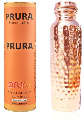 PRURA Copper Water Bottle - Leak Proof Ayurvedic Drinkware Copper Vessel for Sports, Gym, Outdoors, Yoga