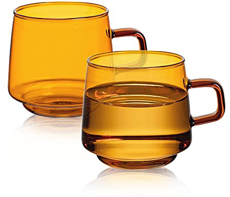 Joeyan Amber Glass Coffee Mugs Set of 2-10 oz Glass Stackable Coffee Cups with Handle - Colored Tea Cups Drinking Glasses for Espresso, Cappuccino, Latte, Tea, Milk