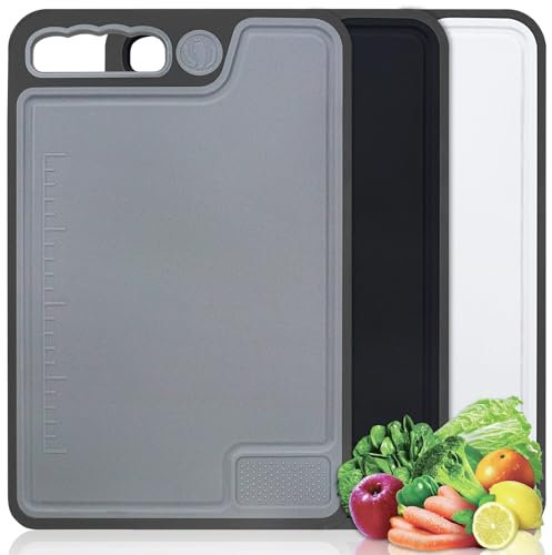 Schneidebrett Groß 3er Set für Küche, Schneidebrett Kunststoff Antibakteriell BPA Frei, Cutting Board Doppelseitig mit Saftrillen und Rutschfeste Griffe, Küchenutensilien für Fleisch Gemüse Obst