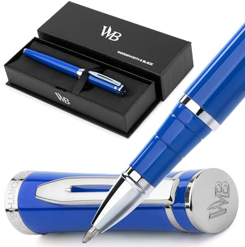 Wordsworth & Black Rollerball Pen - Luxus-Stift - Chromfinish, Blauer Lack, Tinten-Nachfüllung, Nachfüllbar, Geschenk für Männer & Frauen, Professionelles Schreiben, Schöne Edle Stifte