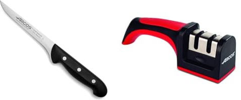 Arcos Cuchillo deshuesador con Hoja Acero Inoxidable Nitrum 160 mm, negro & Afilador Profesional con Mango Ergonómico de Uso Manual para Afilar y Pulir Cuchillos