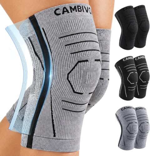 CAMBIVO Ginocchiera Ortopedica 2 Pezzi, Tutore Ginocchio Sportivo Leggero con Stabilizzatori Laterali Flessibili, Fascia Ginocchio Elastica in Maglia 3D Traspirante per Palestra Corsa Trekking