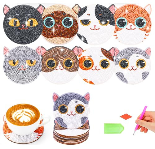 CharySim Diamond Painting underlägg med hållare, dimond painting barn presentidéer flickor 6–14 år pyssel barnfödelsedag pysselset flickor 7 8 9 10 11 år gåva diamant målning katt