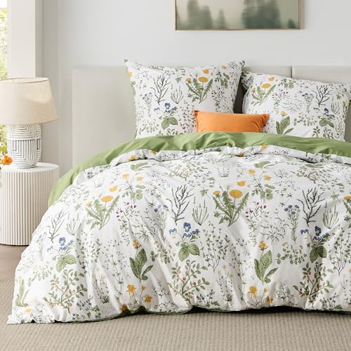 BEDSURE Juego de ropa de cama de 200 x 200 cm, algodón, color verde, funda nórdica de 3 piezas con 2 fundas de almohada de 80 x 80 cm, color verde salvia con diseño de flores, con cremallera