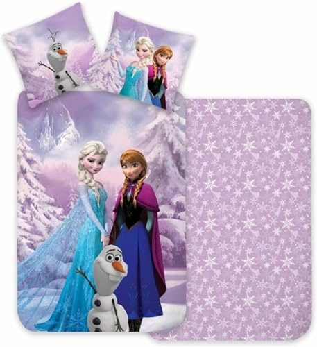 Brandmac Frozen Frost barnsängkläder, vändbart påslakan 135 x 200 cm + örngott 80 x 80 cm, 100 % bomull, med ELSA, Anna och Olaf