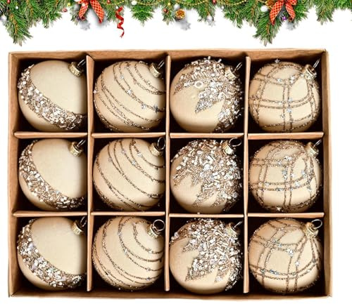 Lot de 12 boules de Noël en velours crème, floquées, incassables, à paillettes et pendentifs décoratifs pour sapin de Noël de la marque Generic