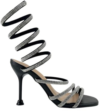 MODELISA - Sandalia De Tacón Alto Brillo Correa Espiral Tobillo Fiesta Boda Mujer (Negro, Sistema tallas calzado EU, Adulto, Mujer, Números, mediano, 35)