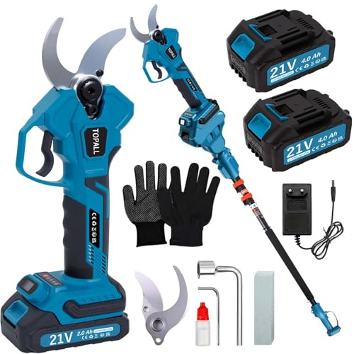 TOPALL Akku Astschere Teleskop Hochentaster, 40MM Elektrische Gartenschere, 2 * 4000mAh Akku | Teleskopstange bis 5M Reichweite | 800W Bürstenloser Motor | LCD-Anzeige, für Zweige, Sträucher