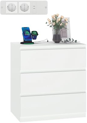 Songvas Kommode, 70 cm breit, mit 2 Steckdosen und 2 USB-Anschlüssen, komodenschrank mit 3 Schubladen, geeignet für Schlafzimmer, Wohnzimmer, Arbeitszimmer, Eingangsbereich, 70 x 40 x 75 cm, weiß