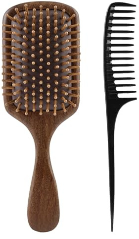 ALIIP Set Cepillos Pelo Bambú Natural, Cepillos Defnidor de Rizos Profesional, Peine de Pelo de Bambú, Cepillo Cuadrado de Madera con Peine de Cola Fina Rata,Peines de Peluquería Antiestático 2 Piezas