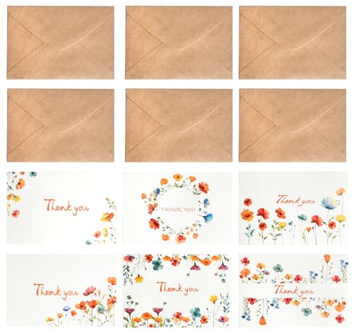 Biglietti Ringraziamento Floreali 12 Pezzi con Buste Kraft, Biglietti di Ringraziamento per Uomo o Donna, Thank You Cards Disegni di Fiori di Campo per Insegnanti, Matrimonio, Amici, Compleanni