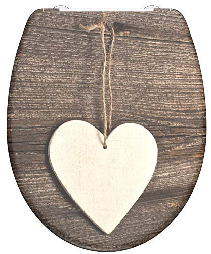 WC-Sitz - Toilettendeckel | Klodeckel mit Absenkautomatik & Schnellverschluss | Duroplast | Toilettensitz mit Muster (Wood Heart)