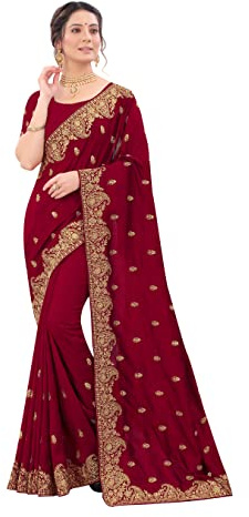 CRAFTSTRIBE Gazari Color Sari Resham y Glitter Coding Bordado Sari Trabajo Sari Con Blusa Sin Coser, Granate, Talla única