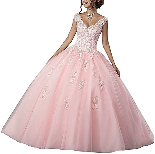 QXMYOO Pink Quinceanera Dress Puffy Ball Gowns for Women Formal Tulle Prom Dress