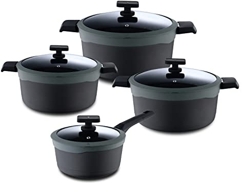 MasterPRO Gastro Reeco | 8-Piece Set | 3 Pans of 20, 24 and 28 cm and 16 cm Saucepan with Lid | Heatdot | Cast Aluminium Recycled | Non-Stick Coating | For All Hobs