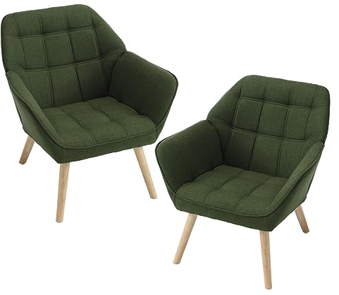 chairus Uppsättning av 2 stoppade badstolar, linne enkel soffa accentstol för vardagsrum modern fåtölj cocktailstol med träben (grön-2)