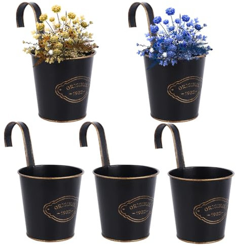 eROOSY 5 Pcs Pot de Fleurs en Métal avec Crochet, Pots Suspendus pour Balcon avec Crochet, Pot de Fleurs, Suspendu Métal avec Trou de Drainage