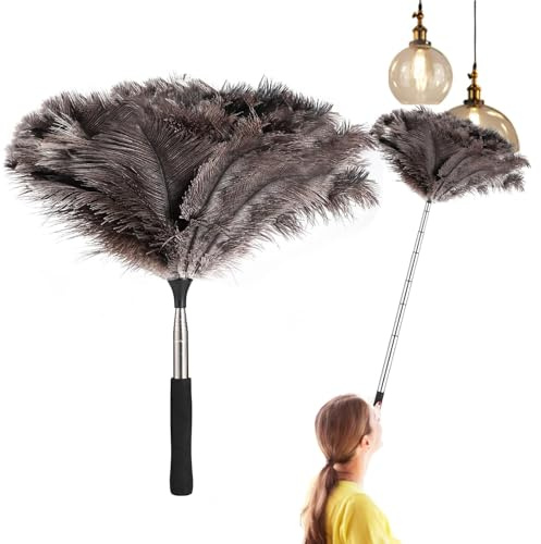 Oiieco 40 Inch Extendable Ostrich Feather Duster - Fluffy Natural Genuine Feathers Duster for Cleaning High Ceilings Lights, Cupboards, Home, Car, Office, Furniture