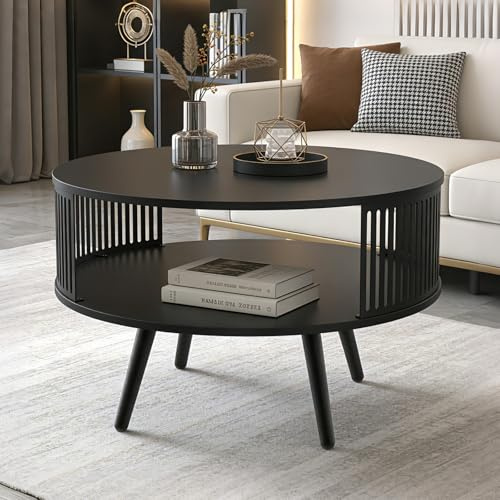 TWSOUL Couchtisch, Runder Couchtisch Schwarz aus Metalloptik mit Ablagefläche, Moderne Wohnzimmertisch mit Stauraum für Bücher & Magazines, für Wohnzimmer