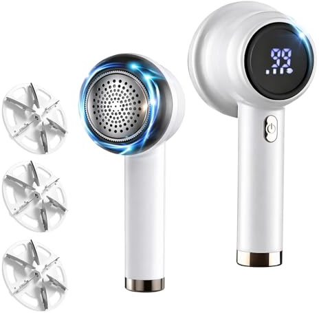 Fabric Shaver, Lint Remover Rechargeable with LED Display | 6-Leaf Blade 3 Speeds Adjustable Lint Shaver, Bobble Remover for Clothes/Scarves/Socks/Blankets/Sofas/Curtains (White)