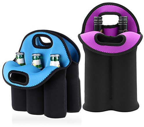 Hipiwe Set of 2 - Insulated Neoprene Wine Carrier Tote Bag + 6 Pack Beer Water Can Carrier Tote Bottle Holder Bottle Cooler Bag - Perfect for Travel with Secure Carry Handle