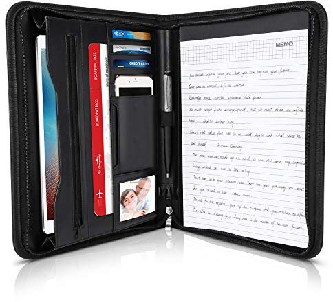 LOETAD Schreibmappe Konferenzmappe A4 Dokumentenmappe aus Leder mit stabilen Reißverschluss inkl. A4-Notizblock