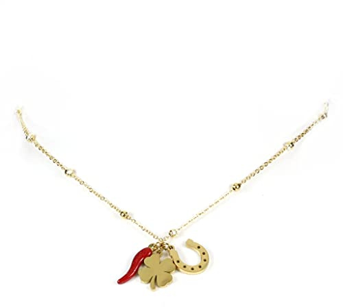 Flowers Collana in Acciaio color Oro o Argento Portafortuna con Ciondolo Corno Rosso, Quadrifoglio e Ferro di Cavallo (Dorato)