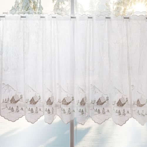 SCHÖNER LEBEN. Scheibengardine Stickerei Leinenoptik nähfrei Winterhaus weiß 60cm h