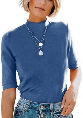 Dressmine Tshirts Women UK Round Neck Tops Mock Turtle Dressy Casual Summer Cute Top Slim Fitted Half Sleeve Plain T Shirt Blue Size 18