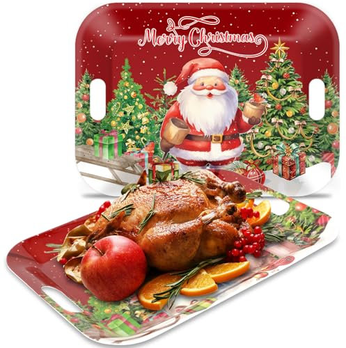 gisgfim 2PCS Christmas Serving Tray with Handles 16 X 11 Inch Large Melamine Platters Serving Dishes Rectangular Vintage Xmas Tree Santa Winter Holiday Food Trays for Snack Cookie Candy Dessert Plates
