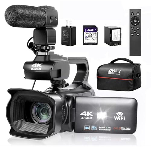 Lierhyt Upgrade 4K UHD Video Camera Camcorder with Mic, 18X Digital Zoom Auto-Focus Vlogging Camera for YouTube Antishake Video Recorder with 4 Rotating Touch Screen, 64GB SD Card and Battery