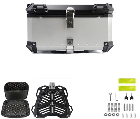 Motorcycle Top Box, 65L Aluminium Alloy Waterproof Motorcycle Topcase, Universal Motorbike Tail Box With Anti-Theft Lock System & Reflective Strips, Luggage Box for Storage Helmet - Silver Normal