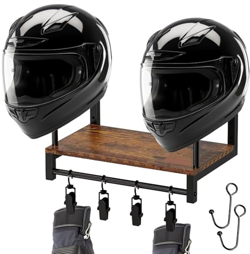 Soporte para casco de pared, soporte para casco de acero inoxidable y madera, soporte multifuncional para casco de moto, soporte de pared con 4 clips para colgar para casco de motocicleta, chaqueta