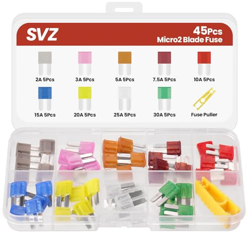 45Pcs Micro2 Car Fuse Kit, Automotive Fuses Assortment kit(2A/3A/5A/7.5A/10A/15A/20A/25A/30A), Blade Fuse for Car/RV/Truck/Boat/Marine