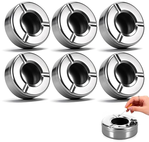 Huiguli 6 Pcs Cigarette Ashtray, Round Windproof Stainless Steel Ashtray with Lid for Indoors & Outdoors, Stylish Portable Windproof Lid Design Cigar Ash Tray Set for Bars, Restaurant, Garden and Home