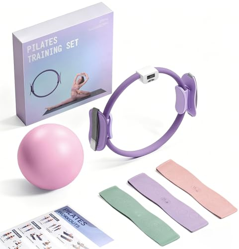LAIVIYA Pilates Kit, Anello Pilates da 14''/35cm Pollici con Palla Mini Pilates,3pcs Fascette Resistenza per Forza Flessibilità,Stabilità e Tonificazione Corporea Attrezzi da Palestra con Display