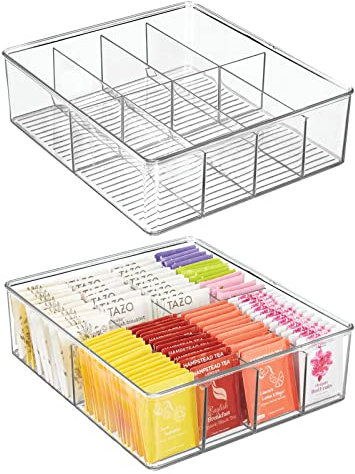 mDesign Aufbewahrungsbox – Kasten mit acht Fächern zur Lebensmittelaufbewahrung – moderner Küchen Organizer für Tütensuppen, Gewürze etc. – 2er-Set – durchsichtig