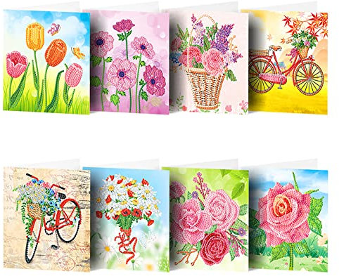DanLink 8 Stück DIY 5D Diamond Painting Grußkarte, Diamantmalerei Karten Geburtstag Karte Weihnachtskarte Geschenkkarte fuer Weihnachten Thanksgiving Blumenmuster Feiertags Gruß Karte