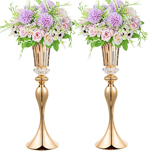 22in Gold Vases for Centerpieces, 2Pcs Metal Tall Trumpet Vases Wedding Reception Centerpieces, Crystal Flower Vase for Table Wedding Party Event Home Decor