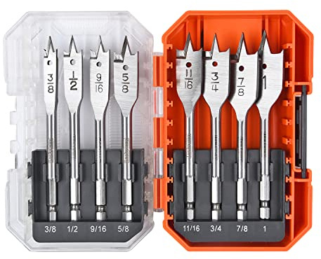 Luckyway Spade Drill Bits Set, Paddle Flat Bits 3/8 Inch to 1 Inch for Wood, Plastic, Aluminum Hole Cutting with Tough Case 8-Piece